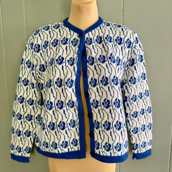 Vintage Carol Brent Blue Floral Knit Cardigan S Orlon 60s‎ Mod Rare Sweater - Picture 1 of 11